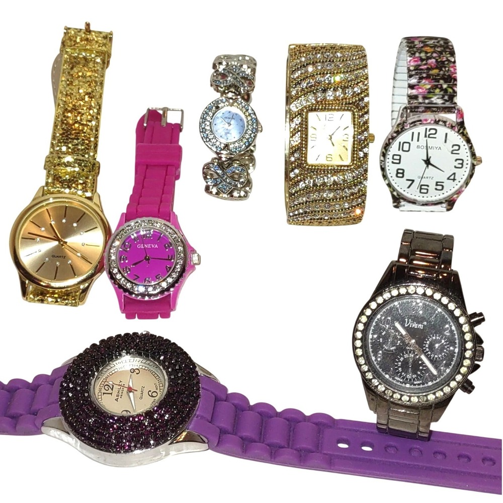 Lot of 7 New Womens Watches Geneva Vivani Bosmiya Rhinestone Glitter Pink Purple